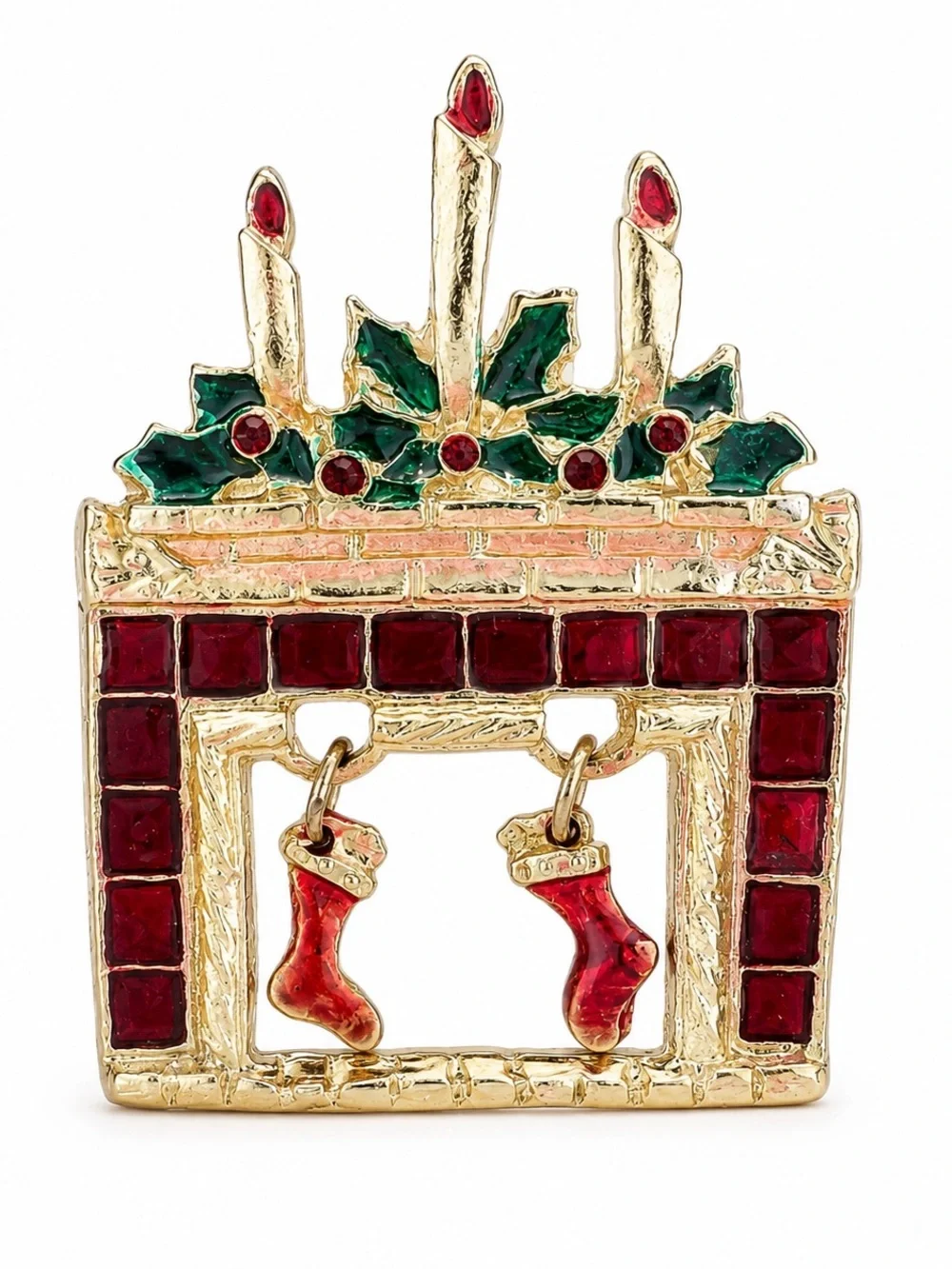 Vintage Christmas Fireplace Brooch Pin Stockings Candles Holiday Rhinestone Gift